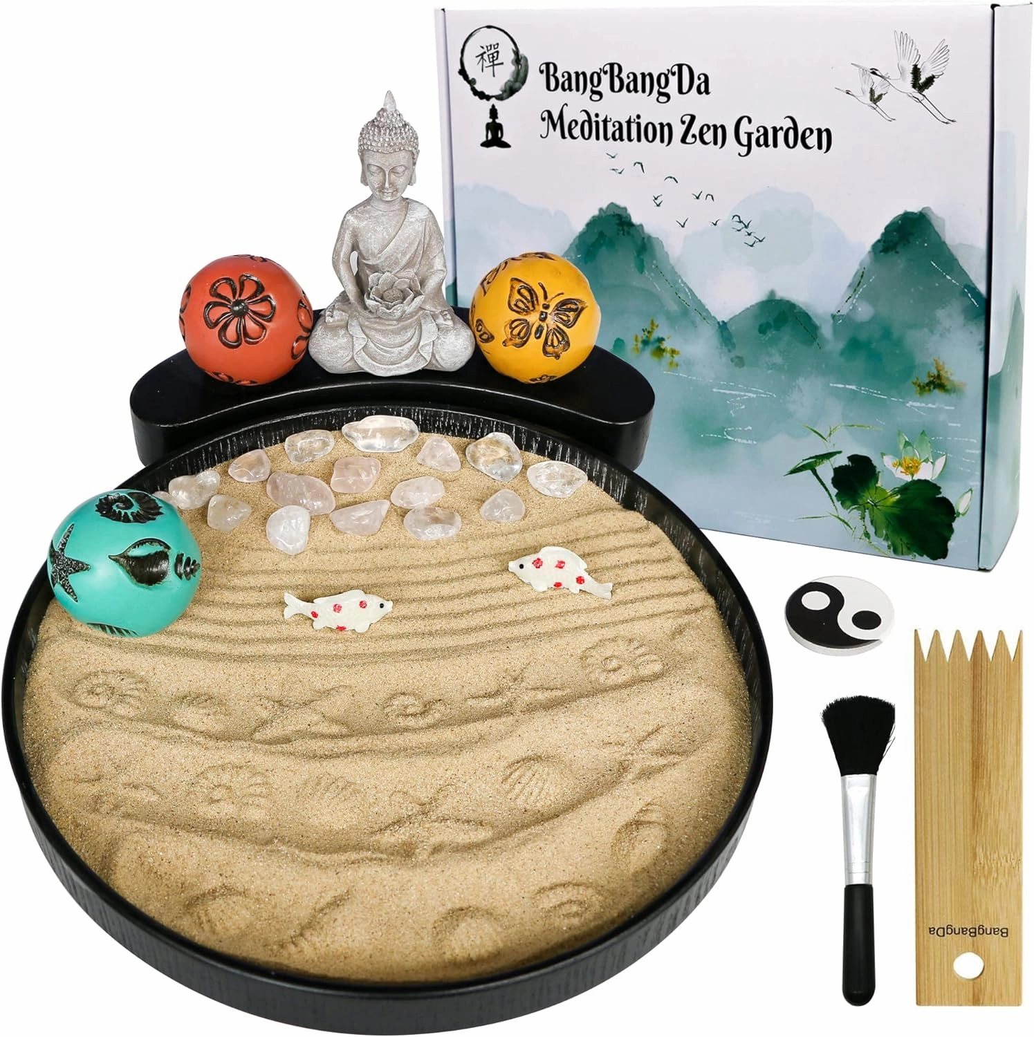 Japanese Meditation Buddha Zen Garden Kit - Tabletop Crystal Rock Sand Garden for Desk Sandbox w/Zen Rake Stamp Spheres Accessories Tools Healing Stone Office Relaxation Decor Gift