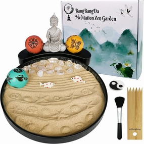Japanese Meditation Buddha Zen Garden Kit - Tabletop Crystal Rock Sand Garden for Desk Sandbox w/Zen Rake Stamp Spheres Accessories Tools Healing Stone Office Relaxation Decor Gift