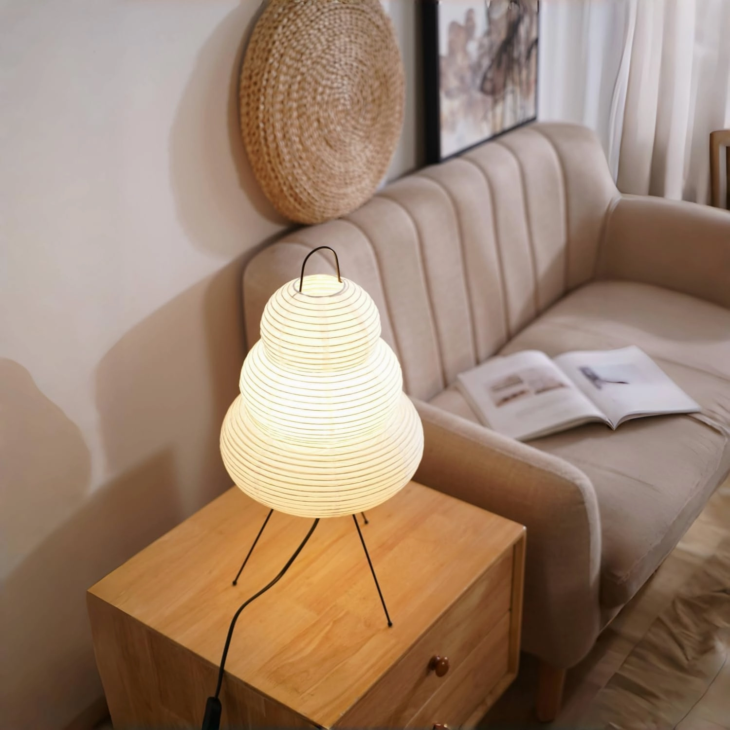 Japanese Noguchi Inspired Table Lamp Zen Rice Paper Lantern with Warm Light for Bedroom Living Room or Office Modern Japandi Decor(Segment)