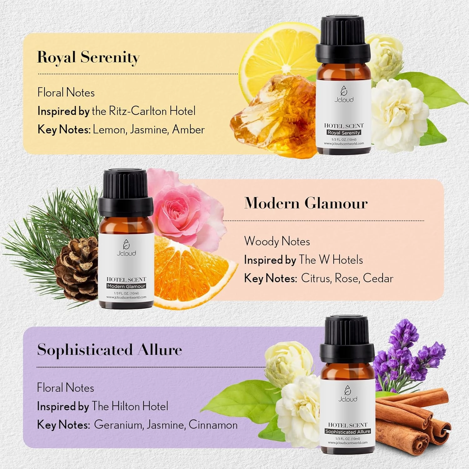 JCLOUD Hotel Diffuser Oils Set | Top 6 Luxury Hotel Inspired Essential Oils for Diffuser for Home, Pure Aromatherapy Diffuser Oil Gift Set, Home Luxury & Hotel Scents for Diffuser - 6x10mL