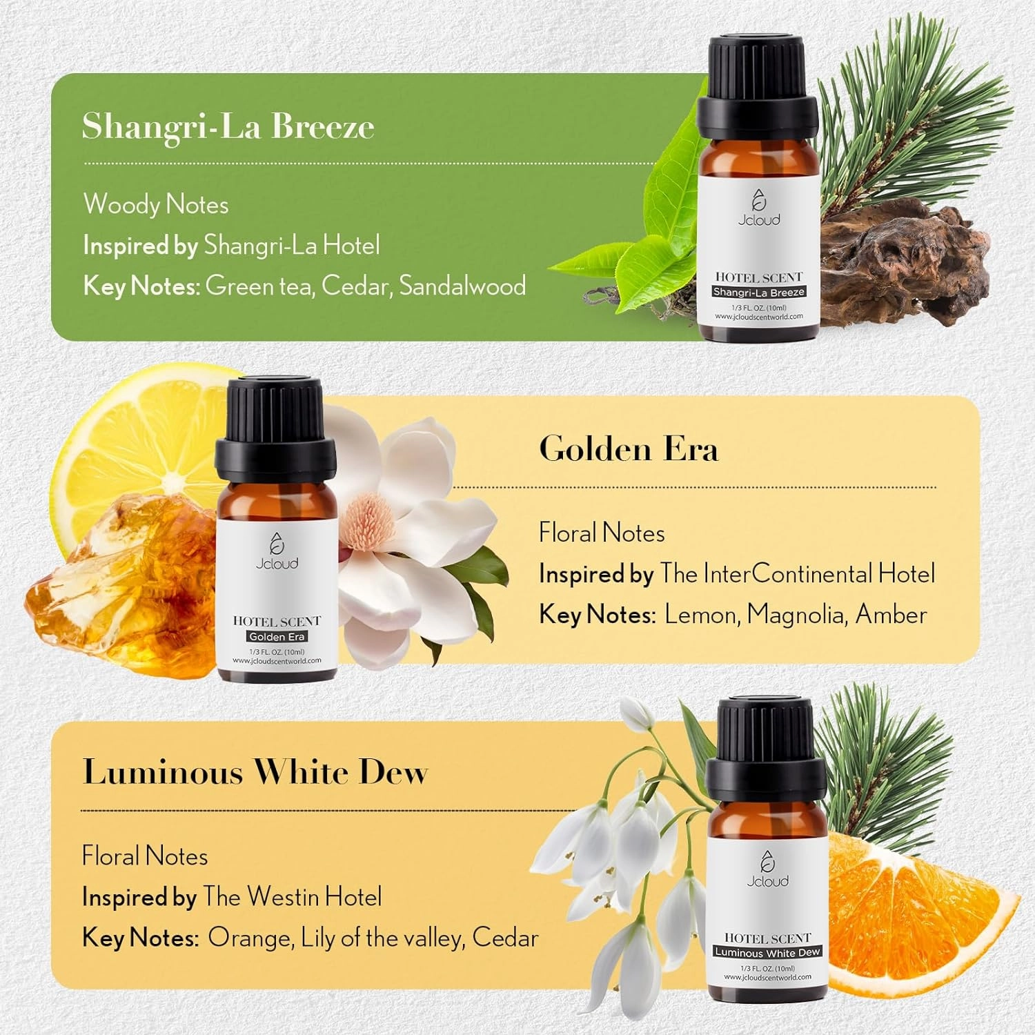 JCLOUD Hotel Diffuser Oils Set | Top 6 Luxury Hotel Inspired Essential Oils for Diffuser for Home, Pure Aromatherapy Diffuser Oil Gift Set, Home Luxury & Hotel Scents for Diffuser - 6x10mL