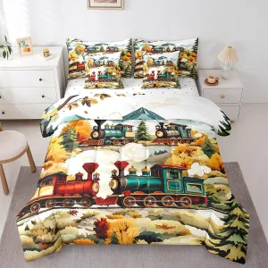jejeloiu Vintage Train Comforter Set with Sheets Full Size 7 Pcs Kids Steam Engine Railway Transportation Woodland Tree Bedding Set for Boys Girls Retro Vehicle Locomotive Train Bed in a Bag