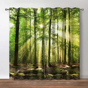 Jekeno Forest Blackout Curtains - Green Tree in Bright Sunshine Pathway in The Mountains Jungle Nature Scenery Decor Home Bedroom Living Room Darkening Grommet Window Drapes 2 Panel Set,52x84 in