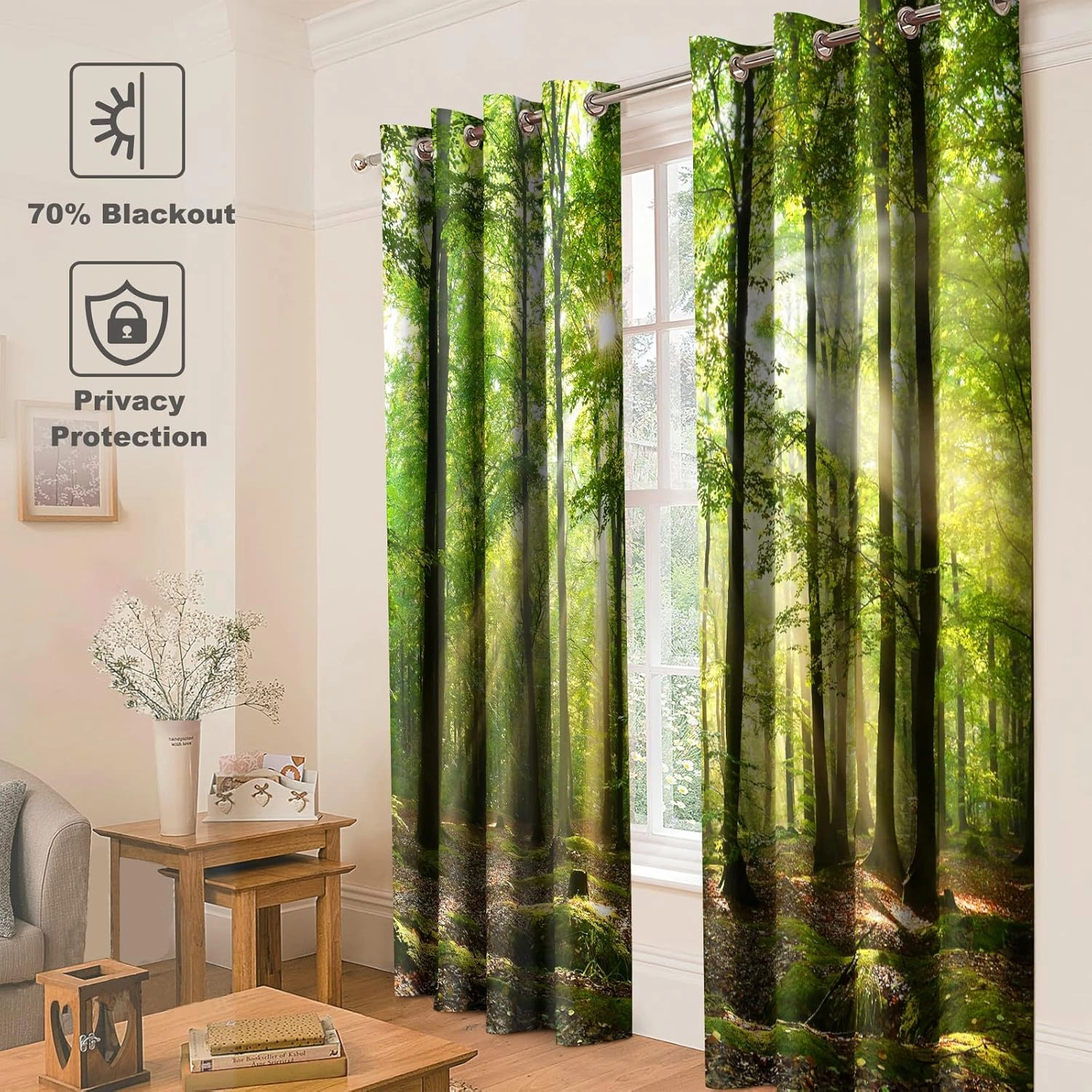 Jekeno Forest Blackout Curtains - Green Tree in Bright Sunshine Pathway in The Mountains Jungle Nature Scenery Decor Home Bedroom Living Room Darkening Grommet Window Drapes 2 Panel Set,52x84 in