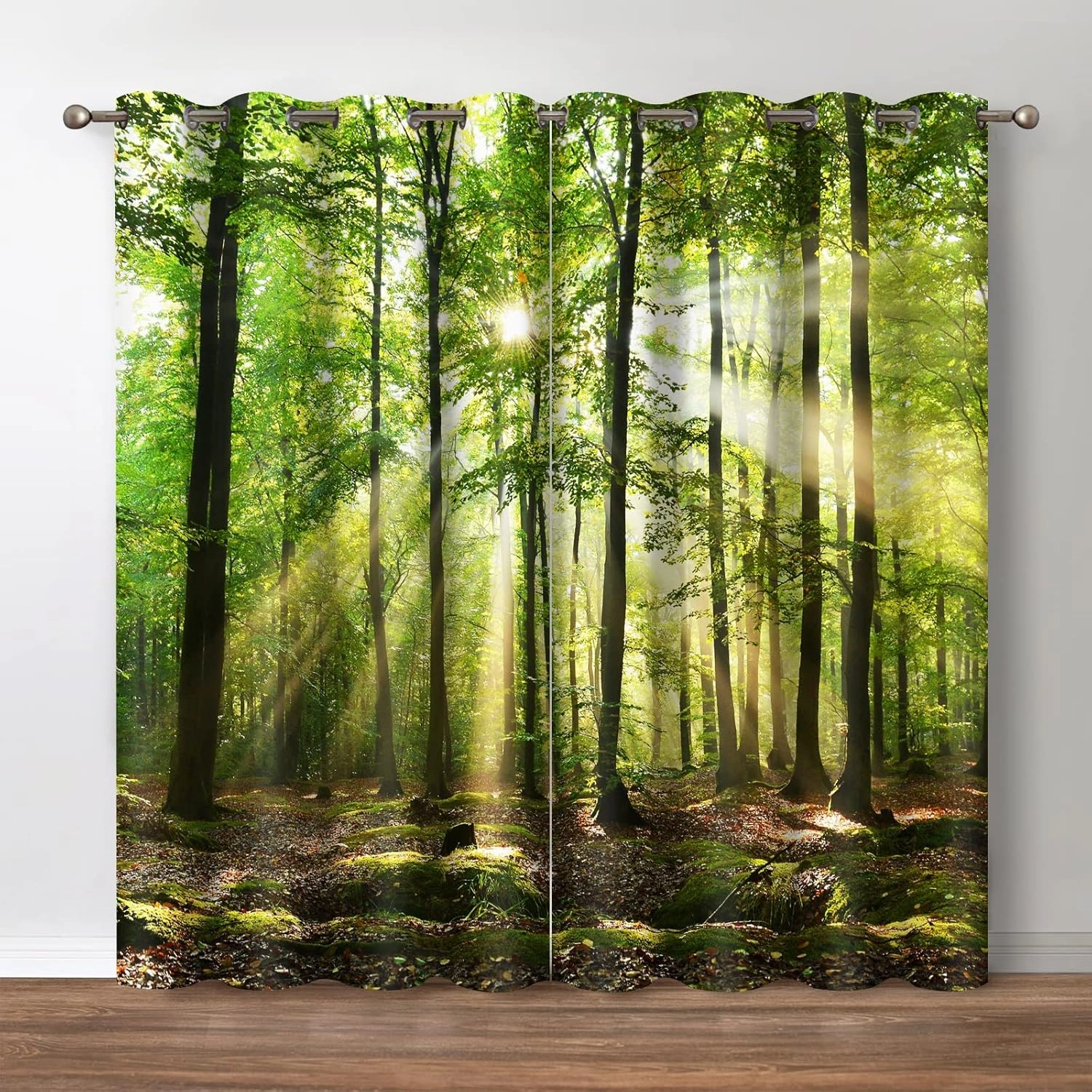 Jekeno Forest Blackout Curtains - Green Tree in Bright Sunshine Pathway in The Mountains Jungle Nature Scenery Decor Home Bedroom Living Room Darkening Grommet Window Drapes 2 Panel Set,52x84 in