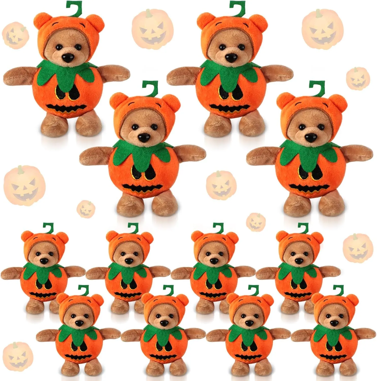 Jenaai 12 Pcs Halloween Plush Stuffed Animal Bear in Pumpkin Costume Ornaments Bulk 4 Inch Small Halloween Bear Ghost Pumpkin Plush Stuffed Bear with Jack O Lantern for Halloween Party Supply