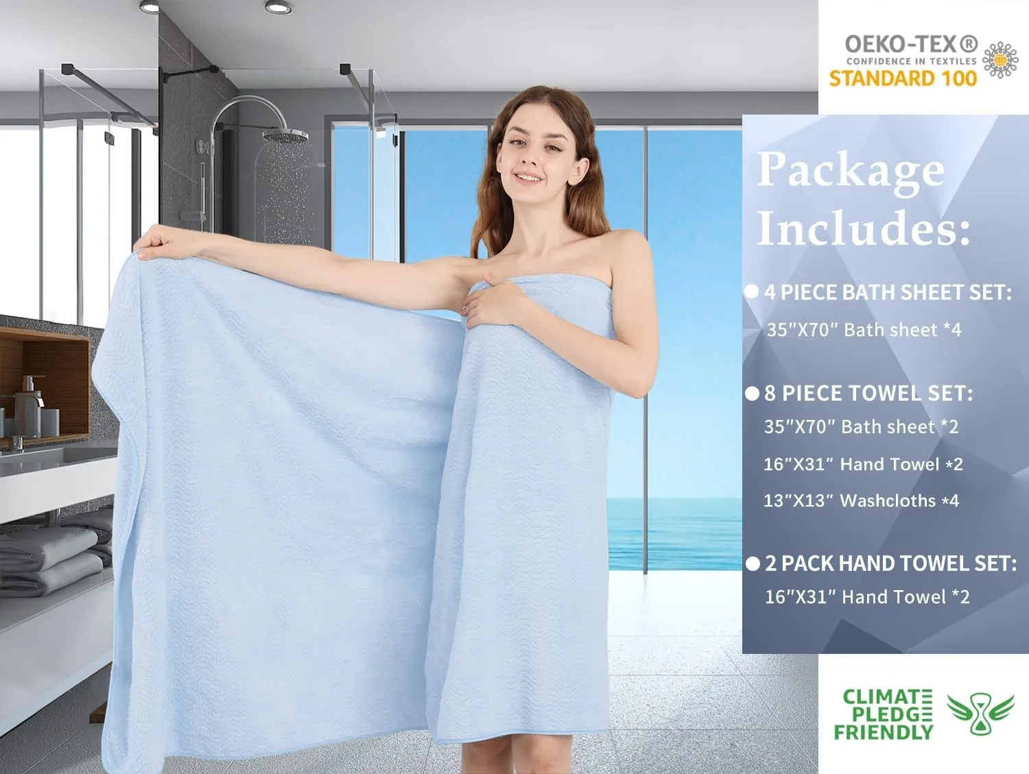 Jessy Home 8 Piece Bath Towel Set |2 Oversized Large Bath Sheet,2 Hand Towels,4 Washcloths| Soft Luxury Towel Set for Bathroom Hotel,Highly Absorbent Quick Dry 600GSM Bathroom Towel Collections Blue