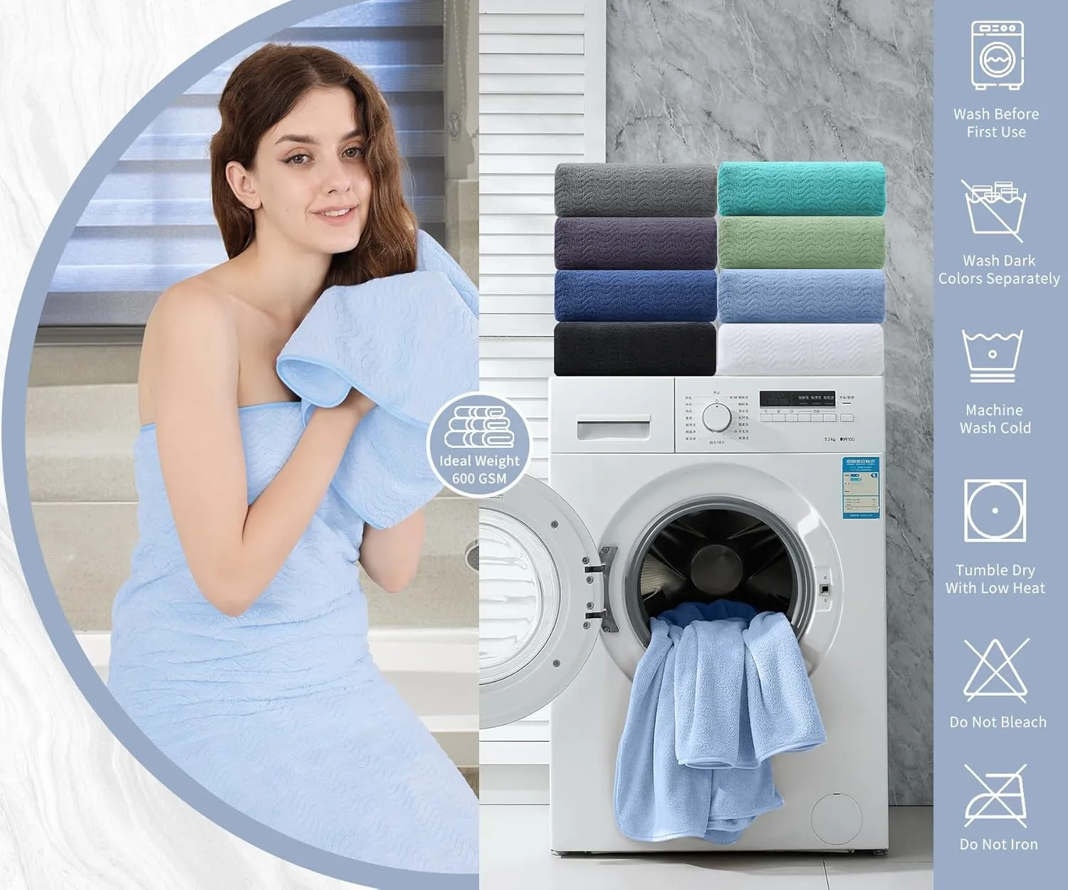 Jessy Home 8 Piece Bath Towel Set |2 Oversized Large Bath Sheet,2 Hand Towels,4 Washcloths| Soft Luxury Towel Set for Bathroom Hotel,Highly Absorbent Quick Dry 600GSM Bathroom Towel Collections Blue