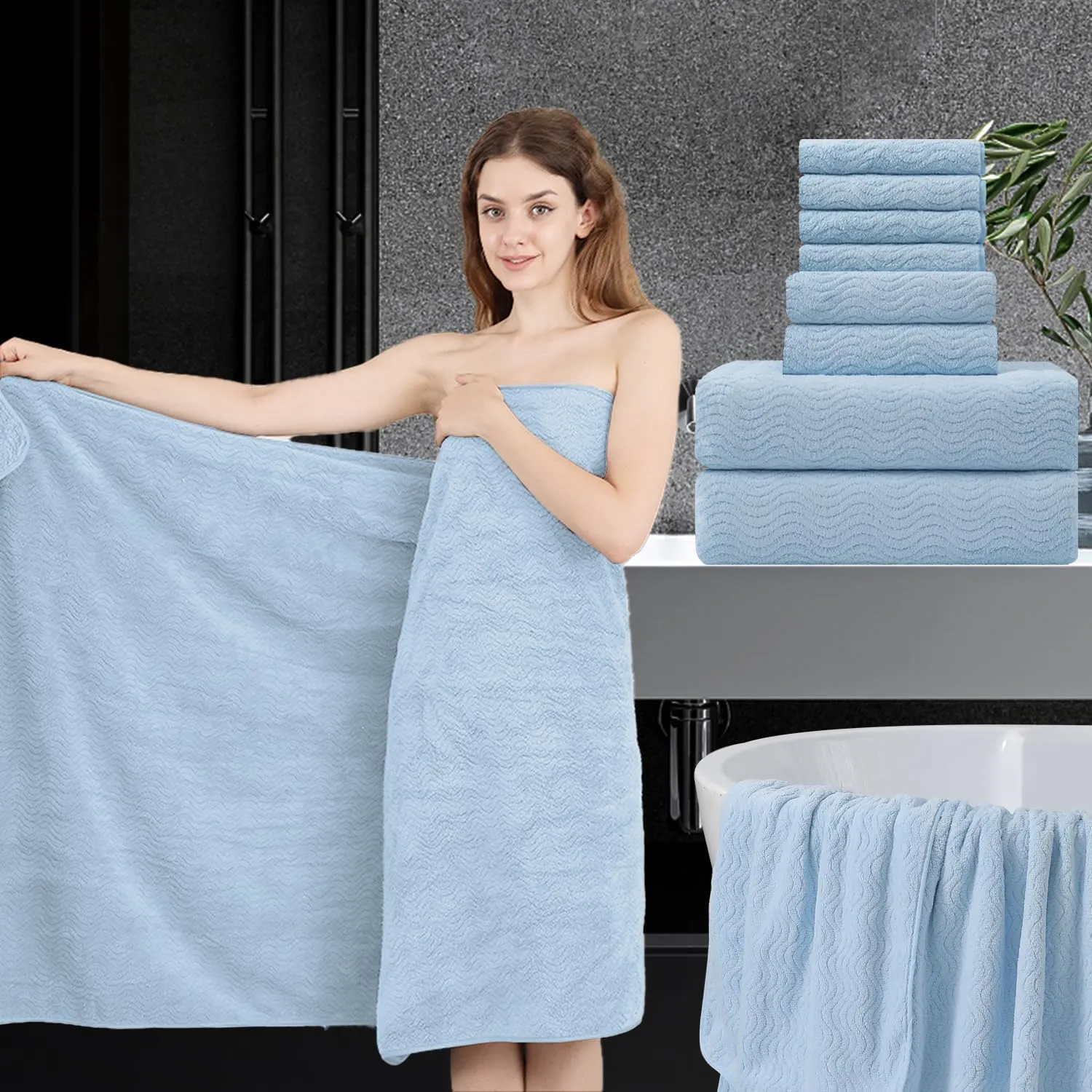 Jessy Home 8 Piece Bath Towel Set |2 Oversized Large Bath Sheet,2 Hand Towels,4 Washcloths| Soft Luxury Towel Set for Bathroom Hotel,Highly Absorbent Quick Dry 600GSM Bathroom Towel Collections Blue