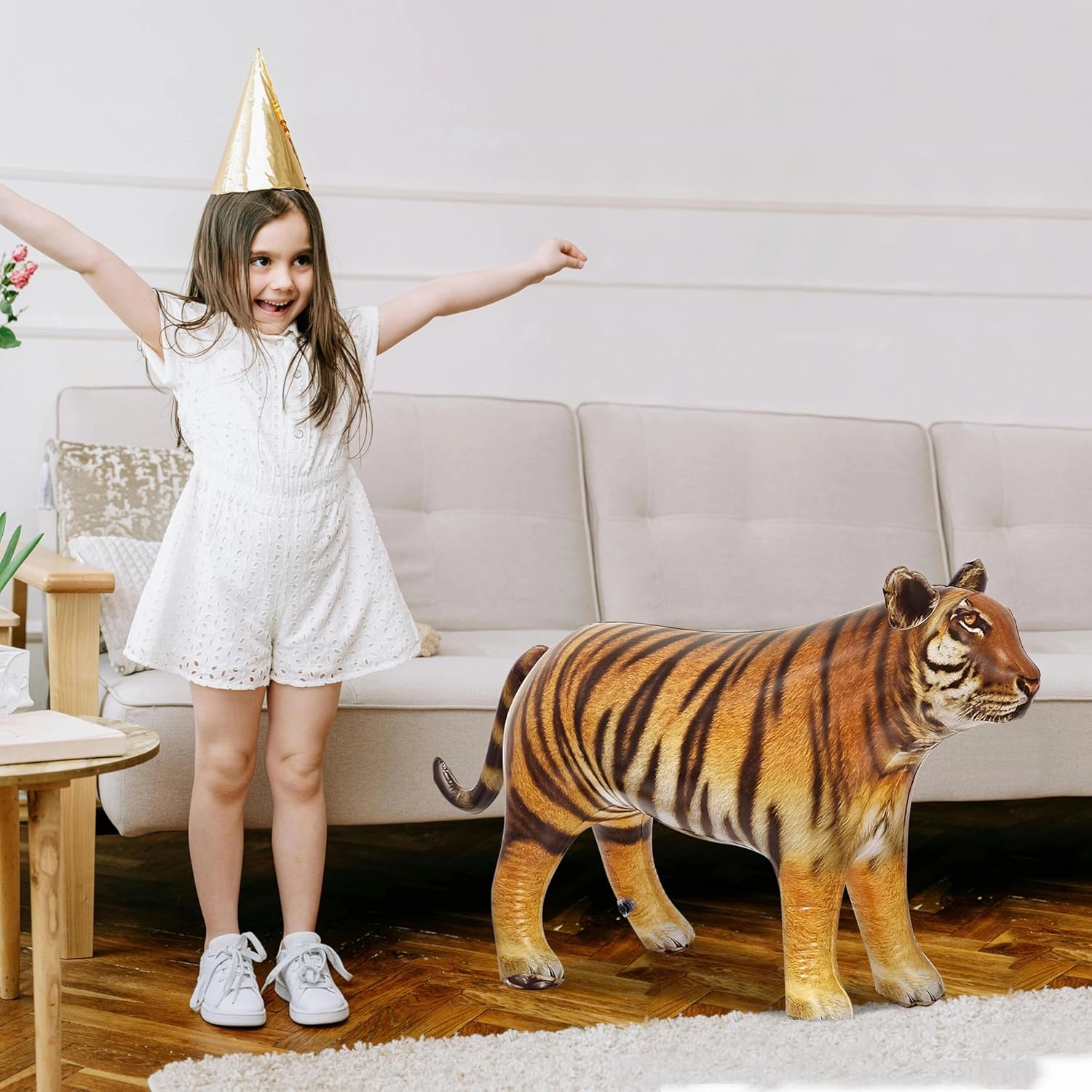 Jet Creations 40 inches L/20 inches H Inflatable Tiger Toy, Orange-Yellow with Black Stripes, Realistic Jungle Animal Figure, Perfect for Pool Fun, Home Decor, Photo Prop, Wildlife Safari Theme, 1 pc