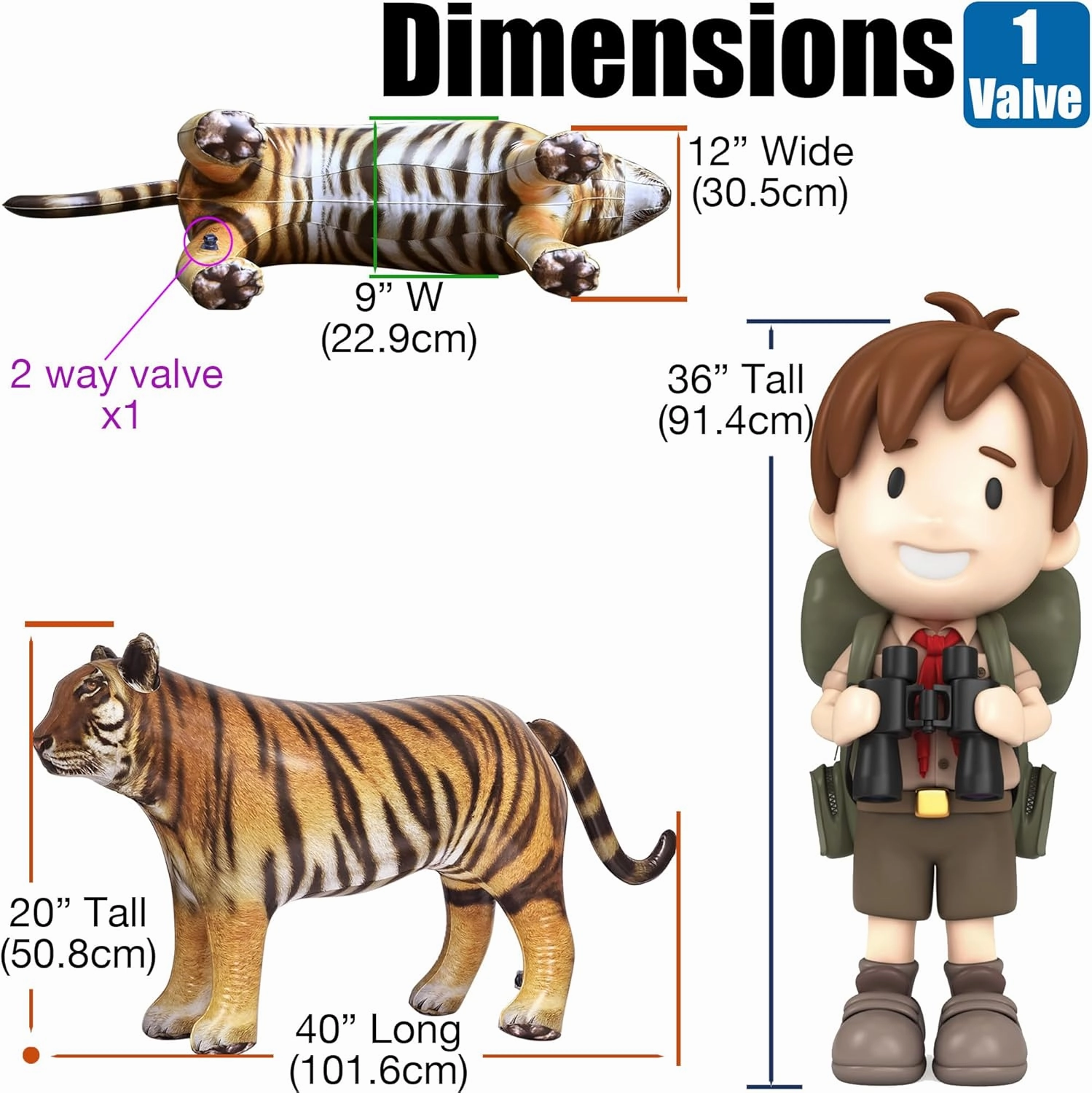Jet Creations 40 inches L/20 inches H Inflatable Tiger Toy, Orange-Yellow with Black Stripes, Realistic Jungle Animal Figure, Perfect for Pool Fun, Home Decor, Photo Prop, Wildlife Safari Theme, 1 pc