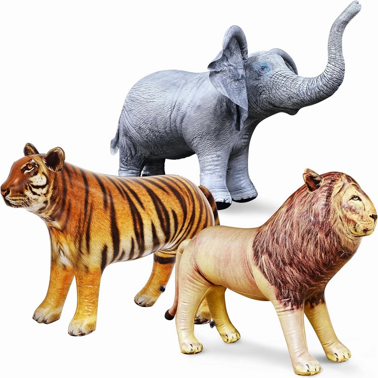 Jet Creations Life on Earth Wildlife Safari Inflatable, 3-PK, Lion, Tiger, Elephant, Realistic Animals for Party Decoration, Pool, Birthday, Jungle Photo Prop