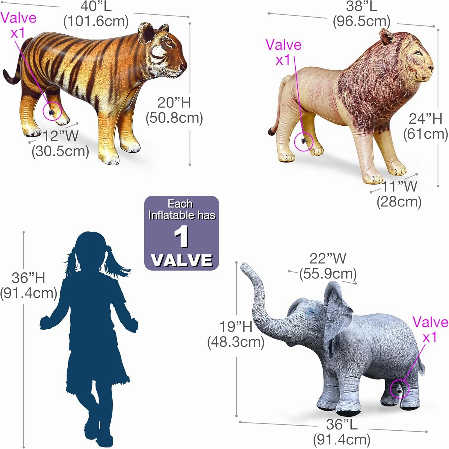 Jet Creations Life on Earth Wildlife Safari Inflatable, 3-PK, Lion, Tiger, Elephant, Realistic Animals for Party Decoration, Pool, Birthday, Jungle Photo Prop