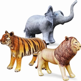 Jet Creations Life on Earth Wildlife Safari Inflatable, 3-PK, Lion, Tiger, Elephant, Realistic Animals for Party Decoration, Pool, Birthday, Jungle Photo Prop