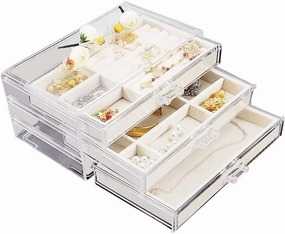 Jewelry Armoire Transparent Jewelry Box Acrylic Velvet Jewelry Storage Box With 3 Drawers Ring Earrings Necklace Bracelet Storage Jewelry Box Display Stand Jewelry Organizer(A)