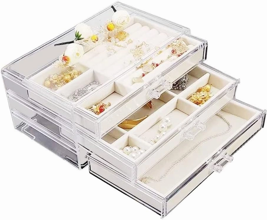 Jewelry Armoire Transparent Jewelry Box Acrylic Velvet Jewelry Storage Box With 3 Drawers Ring Earrings Necklace Bracelet Storage Jewelry Box Display Stand Jewelry Organizer(A)