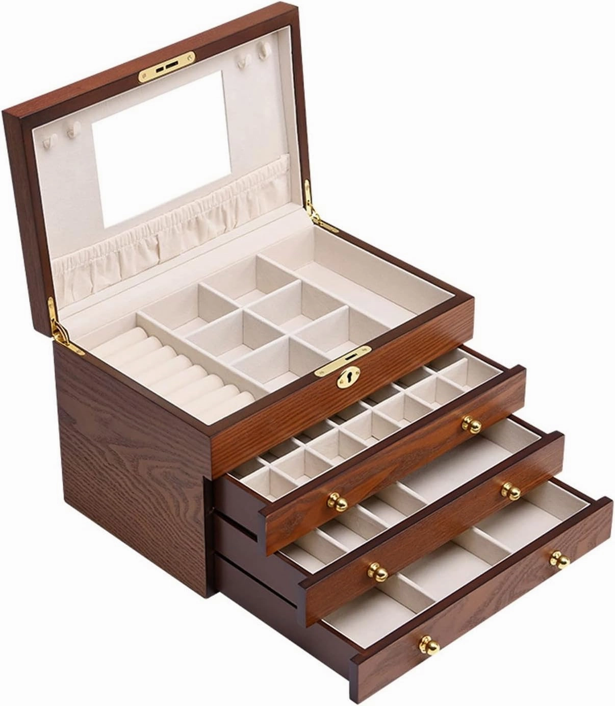 Jewelry Armoire Women's Large Jewelry Box Mirrored Watch Organizer Necklace Ring Earring Storage Lockable Gift Case Wooden Jewelry Box Jewelry Organizer(White)