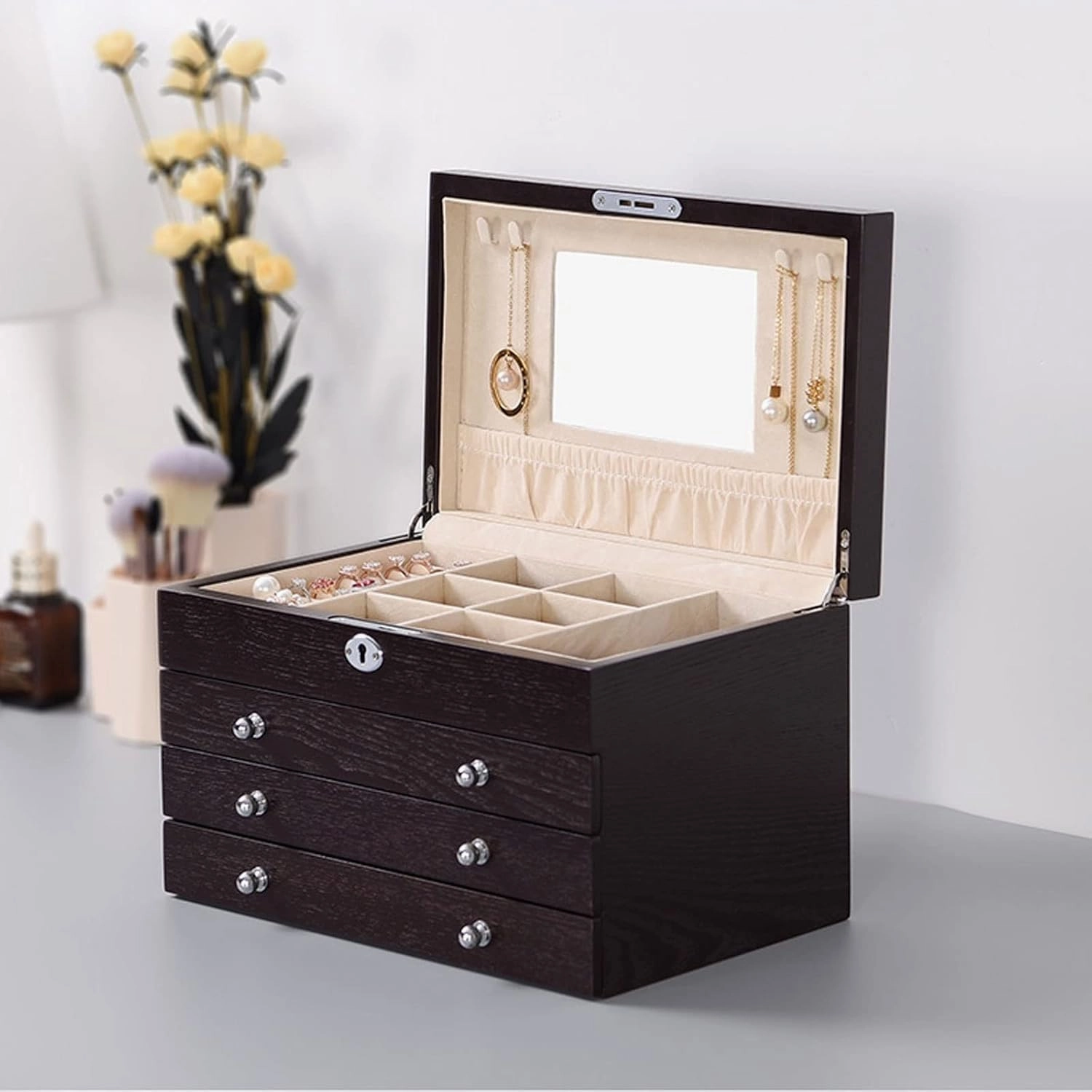 Jewelry Armoire Women's Large Jewelry Box Mirrored Watch Organizer Necklace Ring Earring Storage Lockable Gift Case Wooden Jewelry Box Jewelry Organizer(White)