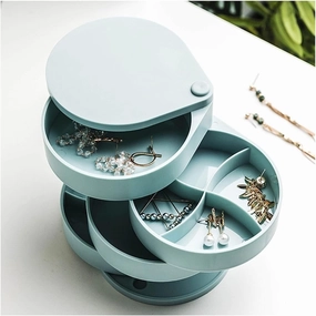 Jewelry Case Jewelry Box,Small Jewelry Storage Box for Women,4-Layer Rotating Travel Jewelry Tray Case Lid Earring Holder for Bracelets Rings Jewelry