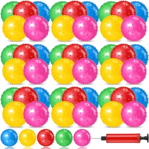 Jexine 150 Pcs 6.3 Inch Knobby Balls Bulk Spiky Bounce Ball Sensory Balls with Air Pump Small Inflatable Bouncy Balls Soft Bounce Party Favors for Kids Baby Massage Stress Play Set, 5 Assorted Colors