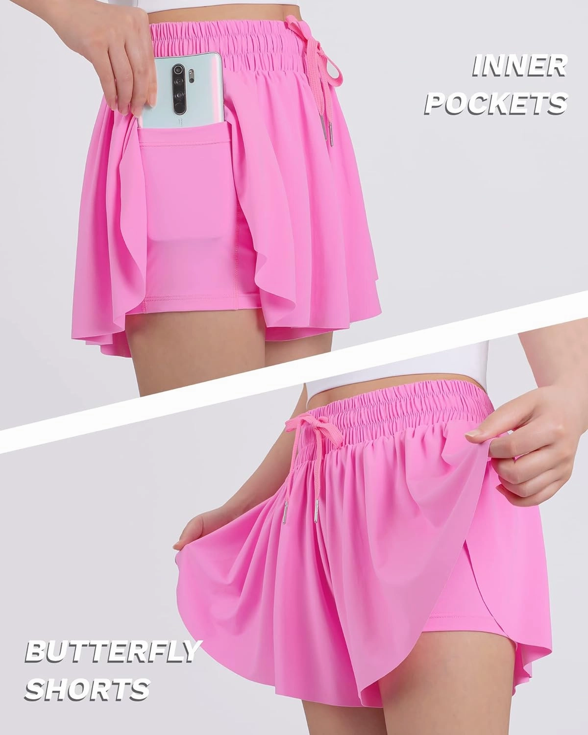 JOCMIC Girls Flowy Shorts, 2 in 1 Preppy Butterfly Shorts with Spandex Liner for Cheer Athletic Gym Teens Casual Clothes