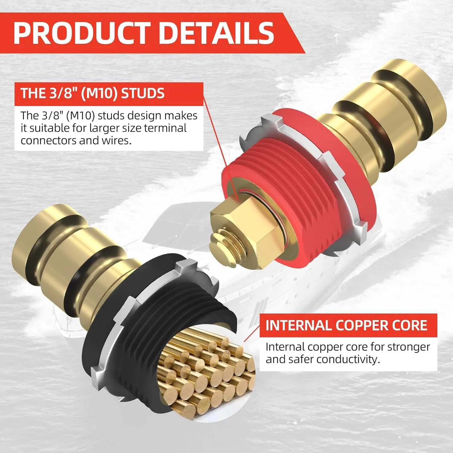 Joinfworld Remote Battery Terminals 3/8" Stud Battery Jump Post with Cover 250A Battery Charging Post Kit Marine Battery Charger Jumper Post for Auto Truck Can-am