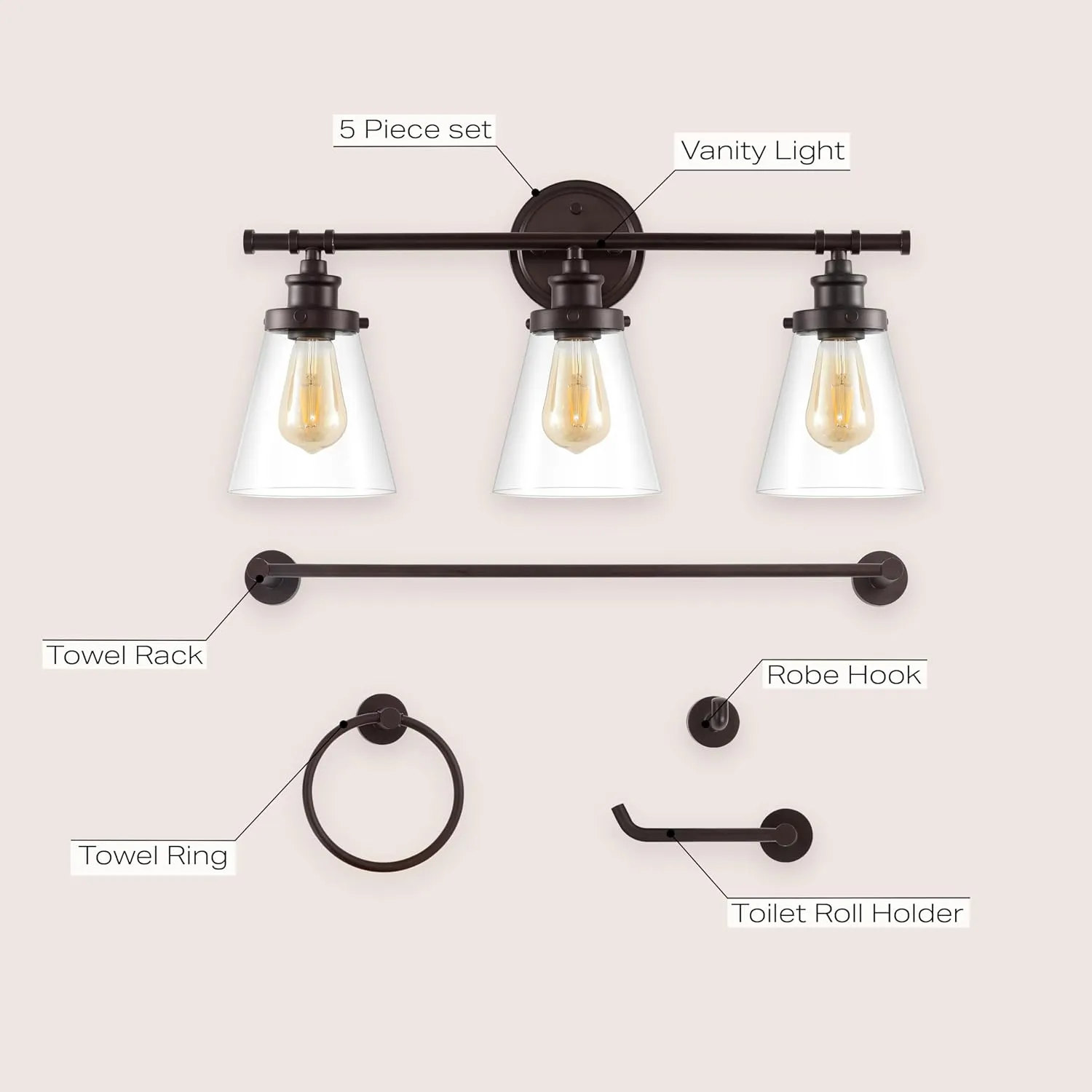 JONATHAN Y JYL1507A Hollis 23.75" 3-Light Traditional Farmhouse Vanity Light with Bathroom Hardware Accessory Set, Oil Rubbed Bronze (5-Piece) - Towel Bar & Ring, Toilet Paper Holder, Robe Hook