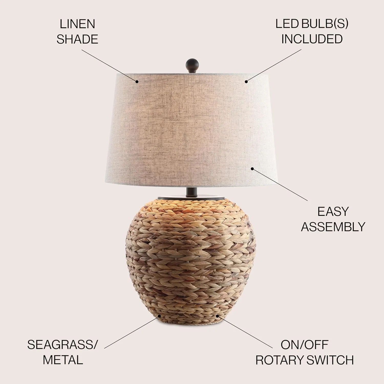 JONATHAN Y JYL6501A Alaro 24.5" Banana Leaf Basket LED Table Lamp Coastal Cottage Industrial Bedside Desk Nightstand for Bedroom Living Room Office College Bookcase LED Bulb Included, Natural