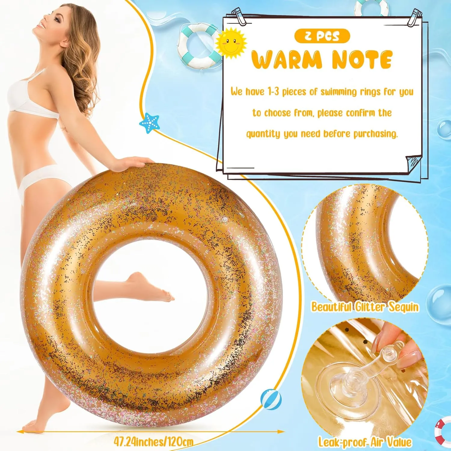 Jumbo Pool Floats 47.24 Inches Inflatable Swimming Ring Gold Glitter Pool Floats Tube Large Pool Floaties Swimming Ring for Adults Summer Beach Bachelorette Party Supplies