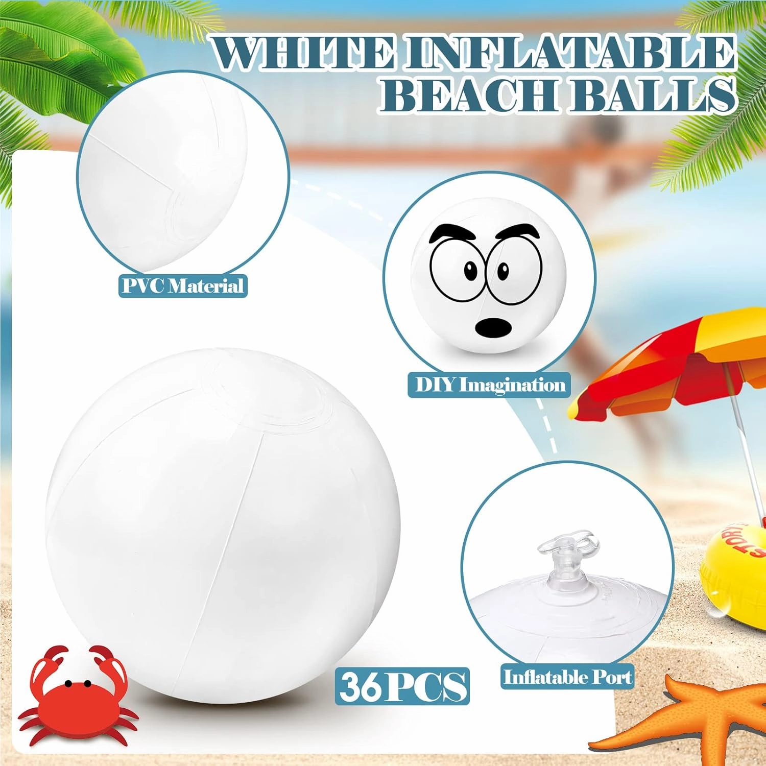 Junkin 36 Pieces 12 Inch Solid White Beach Balls Bulk Inflatable Beach Ball Swimming Pool Party Balls Beach Game Toy for Summer Beach, Pool and Party Favor