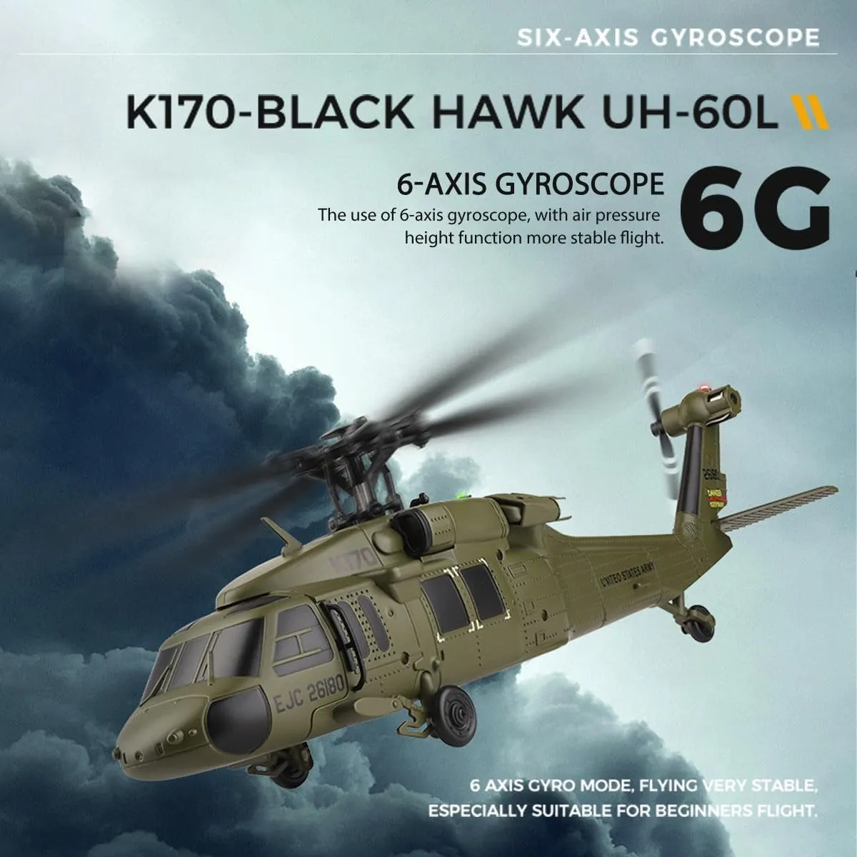 K170 UH60L RC Helicopter, 2.4G 4CH Flybarless Remote Control Helicopter, 6-Axis Gyroscope Altitude Hovering, 3Batteries