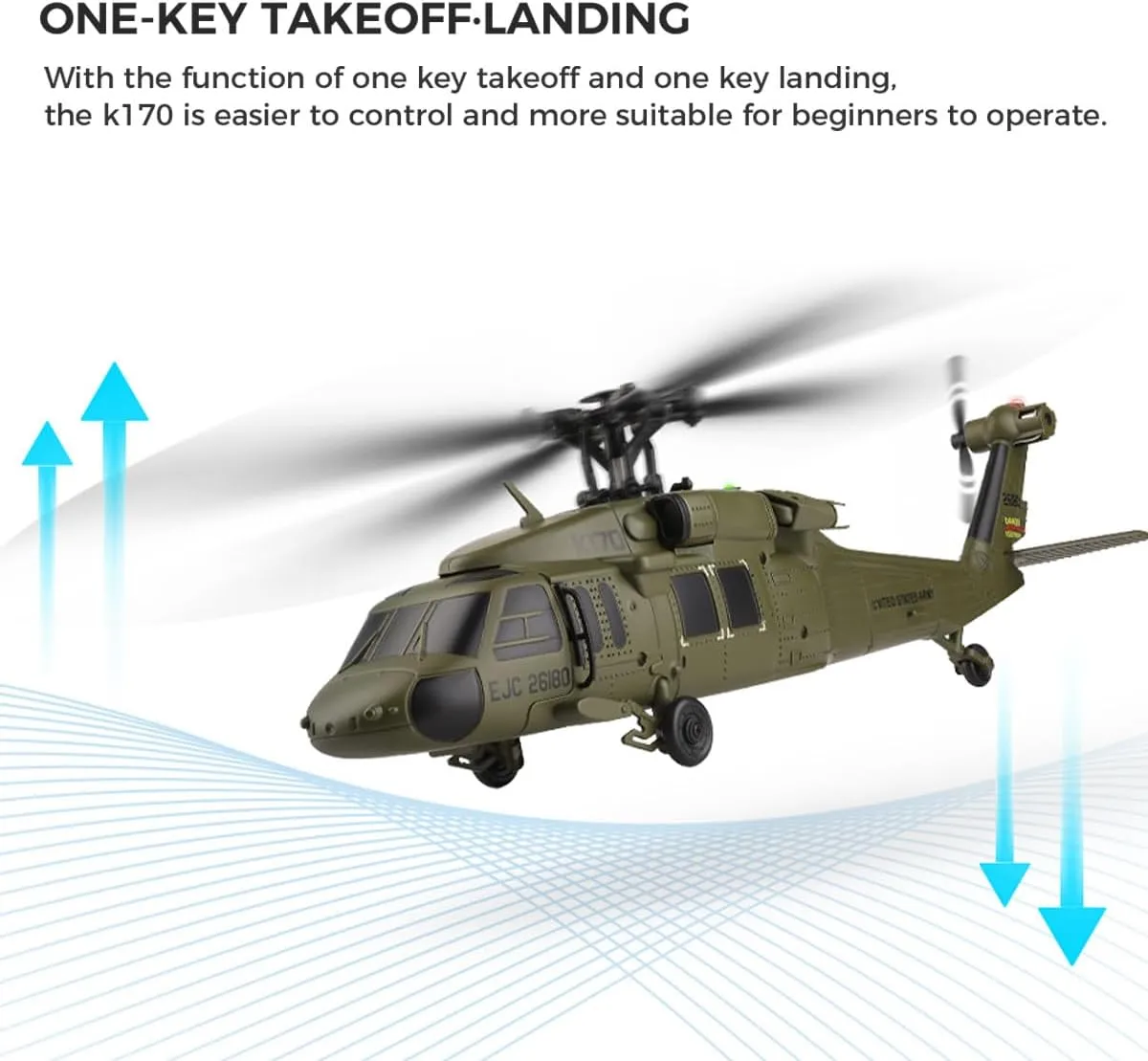 K170 UH60L RC Helicopter, 2.4G 4CH Flybarless Remote Control Helicopter, 6-Axis Gyroscope Altitude Hovering, 3Batteries