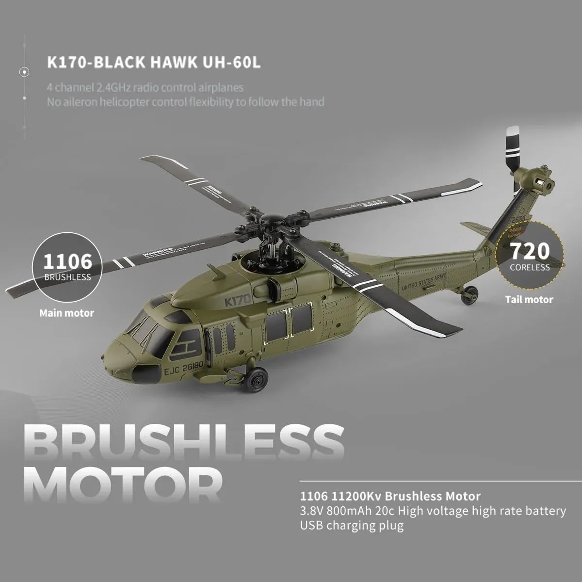 K170 UH60L RC Helicopters with 6-Axis Gyro, 2.4G 4CH Remote Control Helicopter Brushless Motor Military RC Aircraft Altitude Hovering RTF for Adults - 4 Battery