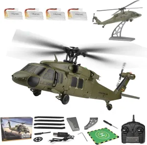 K170 UH60L RC Helicopters with 6-Axis Gyro, 2.4G 4CH Remote Control Helicopter Brushless Motor Military RC Aircraft Altitude Hovering RTF for Adults - 4 Battery