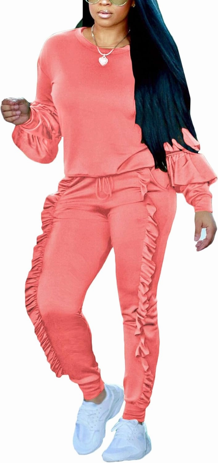 KANSOON Women 2 Pieces Outfits Puff Sleeve Top and Long Flounced Pants Sweatsuits Set Tracksuits