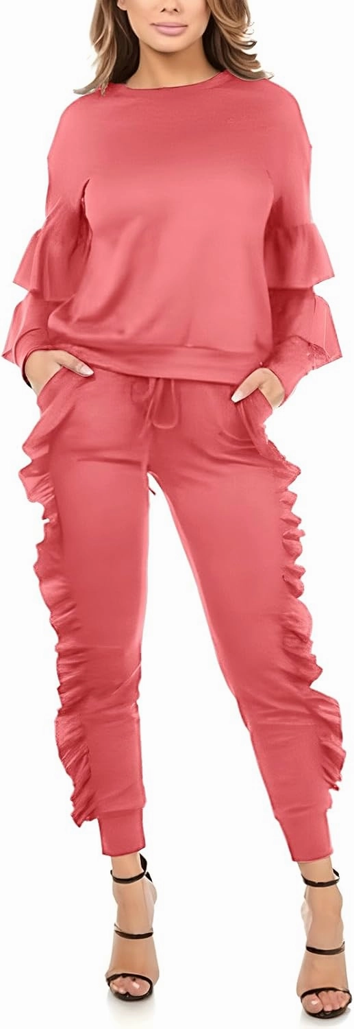 KANSOON Women 2 Pieces Outfits Puff Sleeve Top and Long Flounced Pants Sweatsuits Set Tracksuits