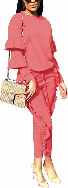 KANSOON Women 2 Pieces Outfits Puff Sleeve Top and Long Flounced Pants Sweatsuits Set Tracksuits