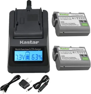 Kastar 2 Pack Battery and LCD Fast Charger with Car Adapter & USB Output Compatible with Nikon EN-EL15a MH-25, Nikon MB-D18 Nikon MB-D16 Nikon MB-D15 Nikon MB-D14 Nikon MB-D12 Nikon MB-D11 Grip