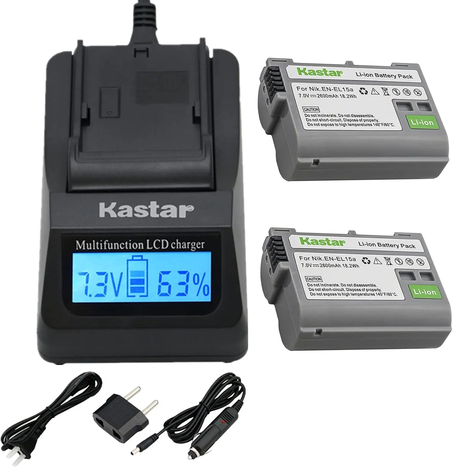 Kastar 2 Pack Battery and LCD Fast Charger with Car Adapter & USB Output Compatible with Nikon EN-EL15a MH-25, Nikon MB-D18 Nikon MB-D16 Nikon MB-D15 Nikon MB-D14 Nikon MB-D12 Nikon MB-D11 Grip