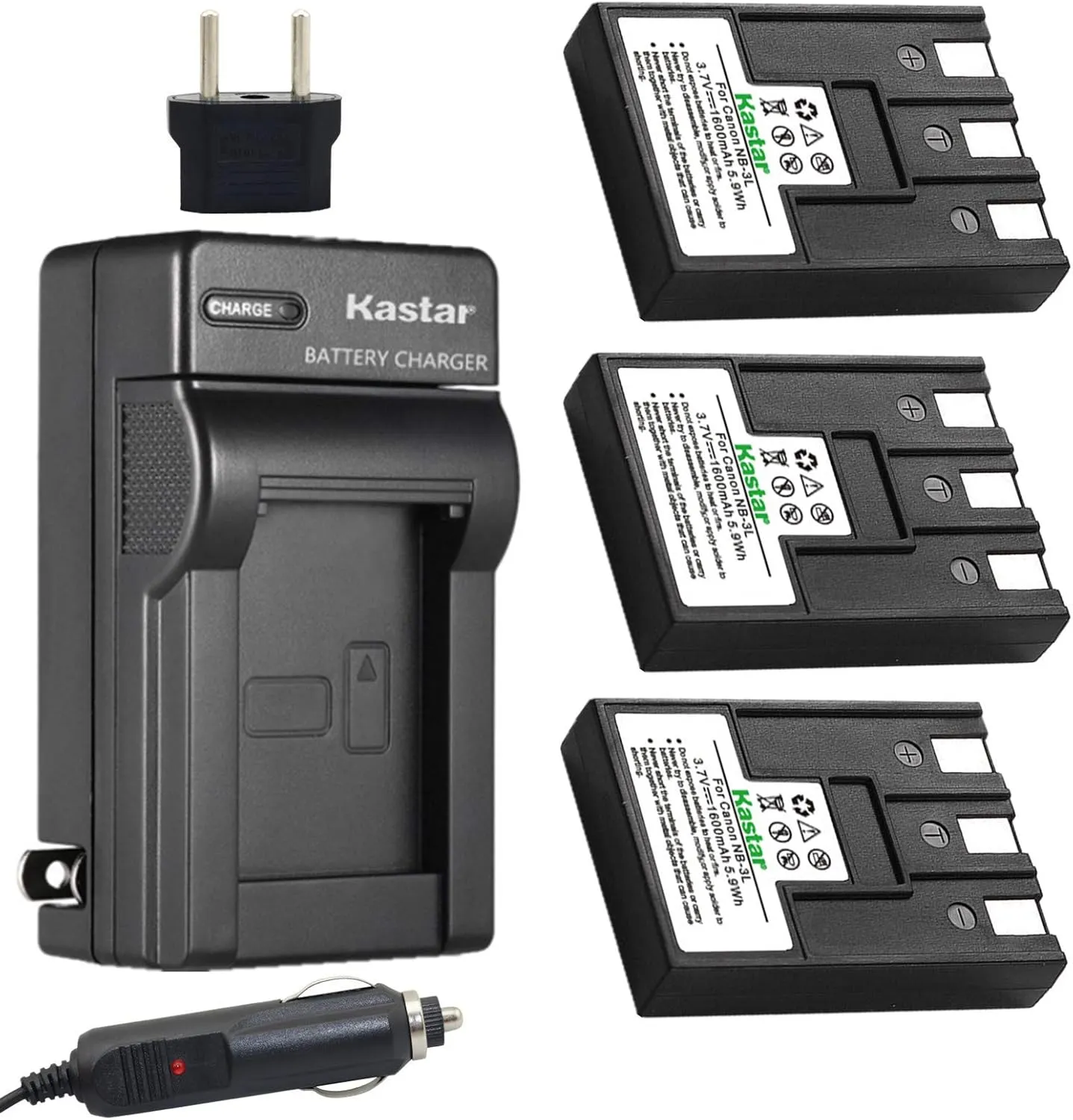 Kastar Battery (3-Pack)   Charger for Canon NB-3L, PowerShot SD10, SD100, SD110, SD20, SD500, SD550, Digital IXUS 700, 750, i5, Digital 30, 30a, 600, 700, D30, D30a, D53Z, IXY Digital L, Digital L2