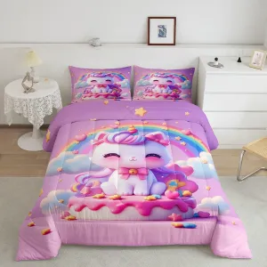 Kawaii Cat Bedding Set King Size 3D Colorful Rainbow Comforter Set for Girls Room Decor Cute Unicorn Animal Down Comforter Sweet Cake Dessert Quilt Set with 2 Pillowcases