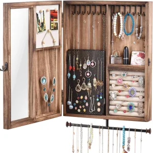 Keebofly Wall Mounted Jewelry Organizer Box Rustic Wood Large Space Jewelry Cabinet Holder Jewelry Storage Box for Necklaces, Earrings, Bracelets, Ring Holder, and Accessories (Carbonized Black)