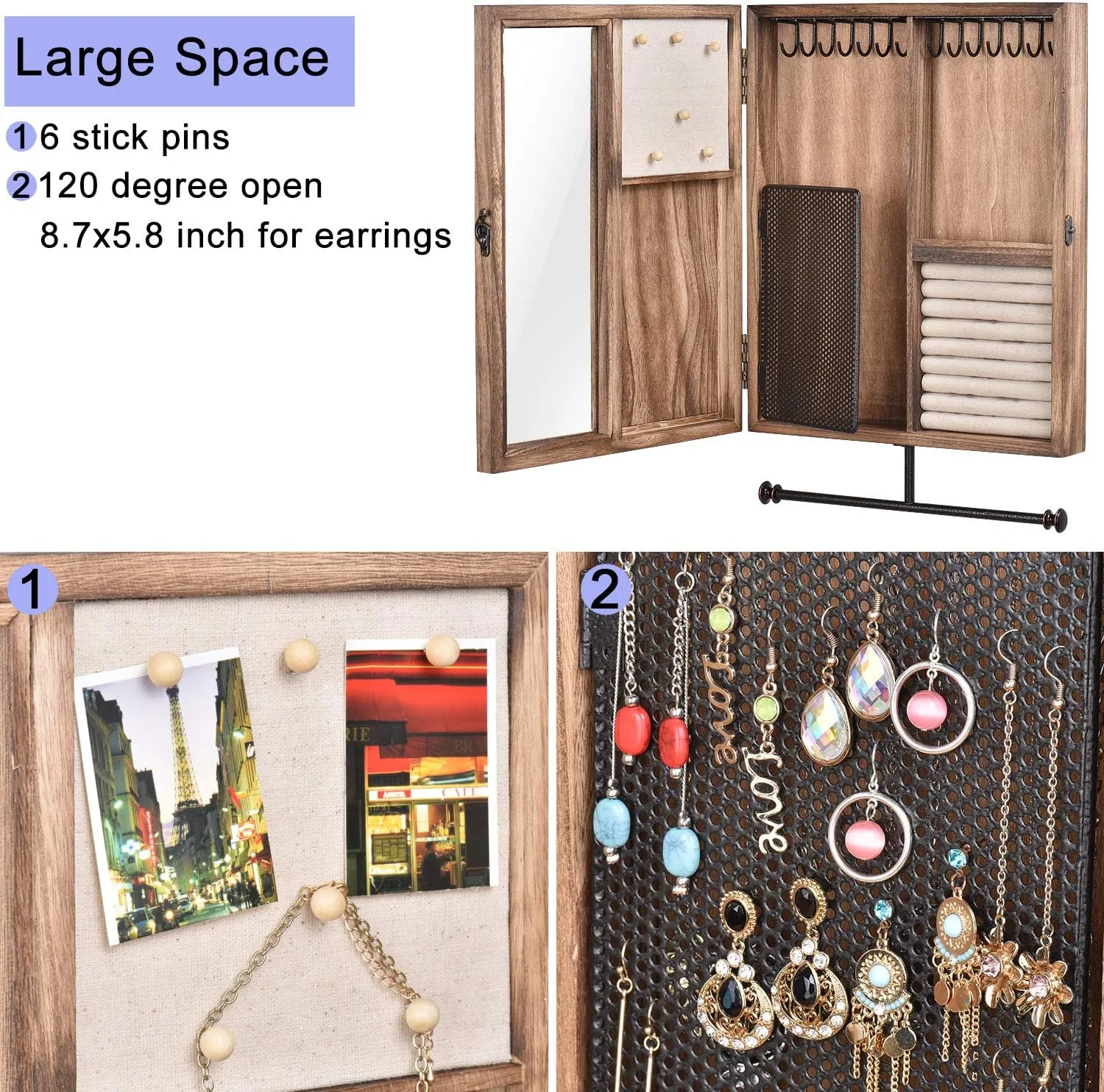 Keebofly Wall Mounted Jewelry Organizer Box Rustic Wood Large Space Jewelry Cabinet Holder Jewelry Storage Box for Necklaces, Earrings, Bracelets, Ring Holder, and Accessories (Carbonized Black)