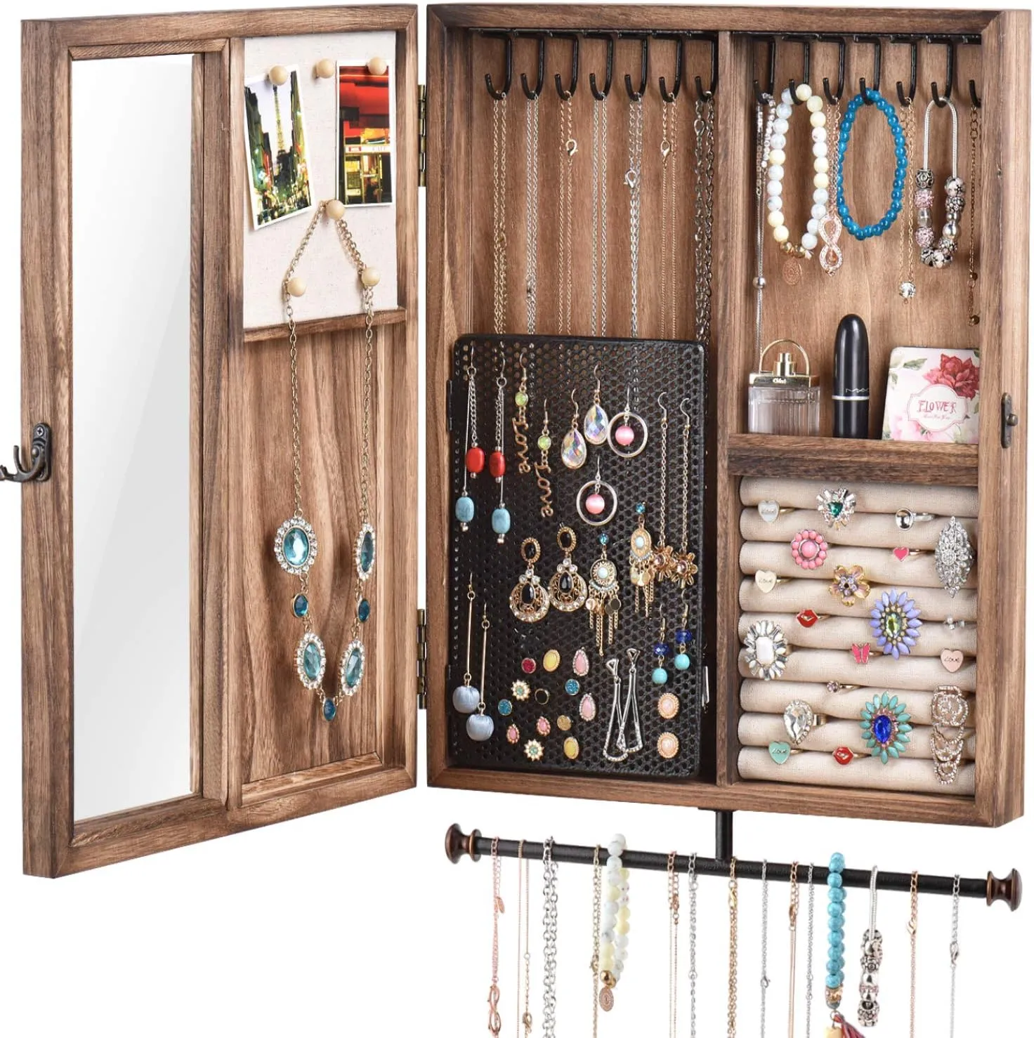 Keebofly Wall Mounted Jewelry Organizer Box Rustic Wood Large Space Jewelry Cabinet Holder Jewelry Storage Box for Necklaces, Earrings, Bracelets, Ring Holder, and Accessories (Carbonized Black)