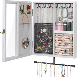 Keebofly Wall Mounted Jewelry Organizer With Rustic Wood Large Space Jewelry Cabinet, Holder, Storage Box for Necklaces, Earrings, Bracelets, Ring Holder, and Accessories White