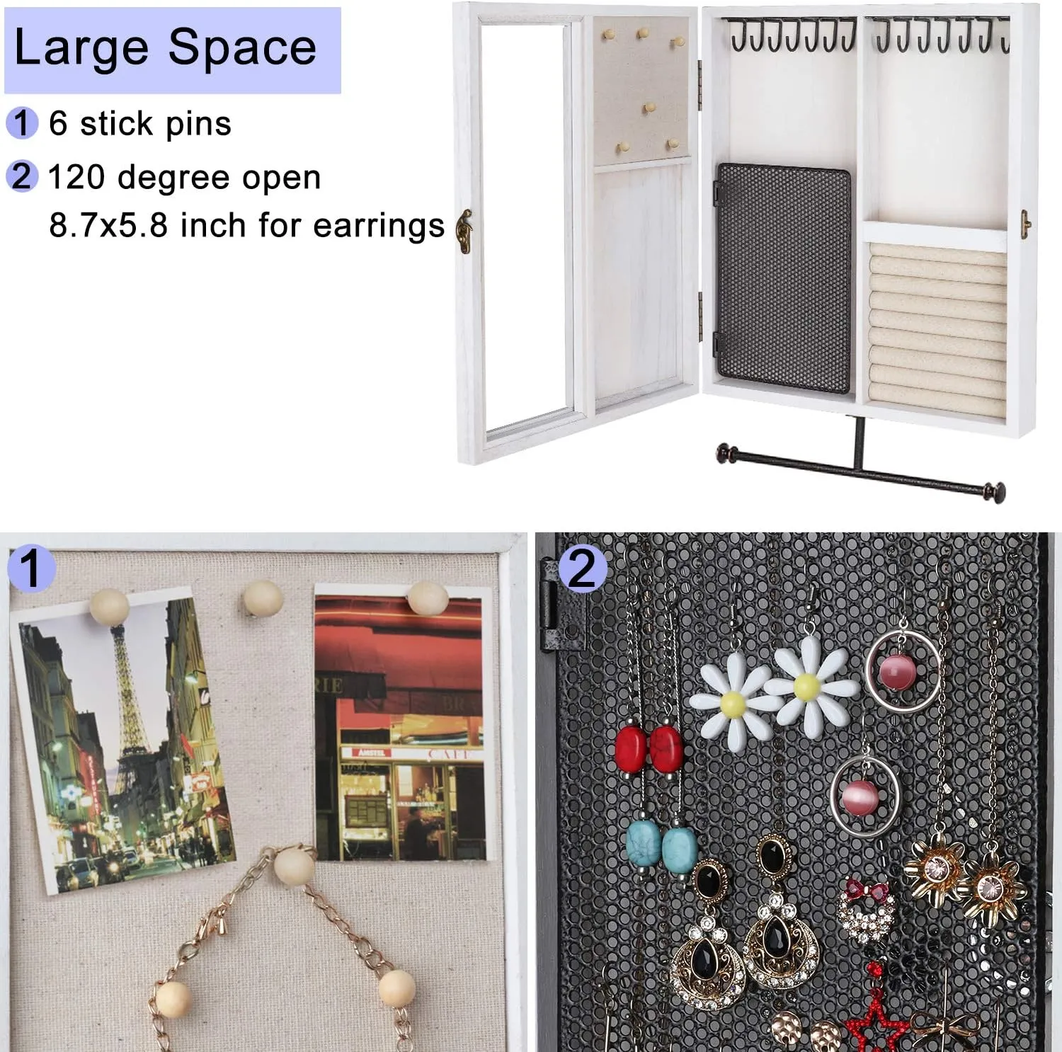 Keebofly Wall Mounted Jewelry Organizer With Rustic Wood Large Space Jewelry Cabinet, Holder, Storage Box for Necklaces, Earrings, Bracelets, Ring Holder, and Accessories White