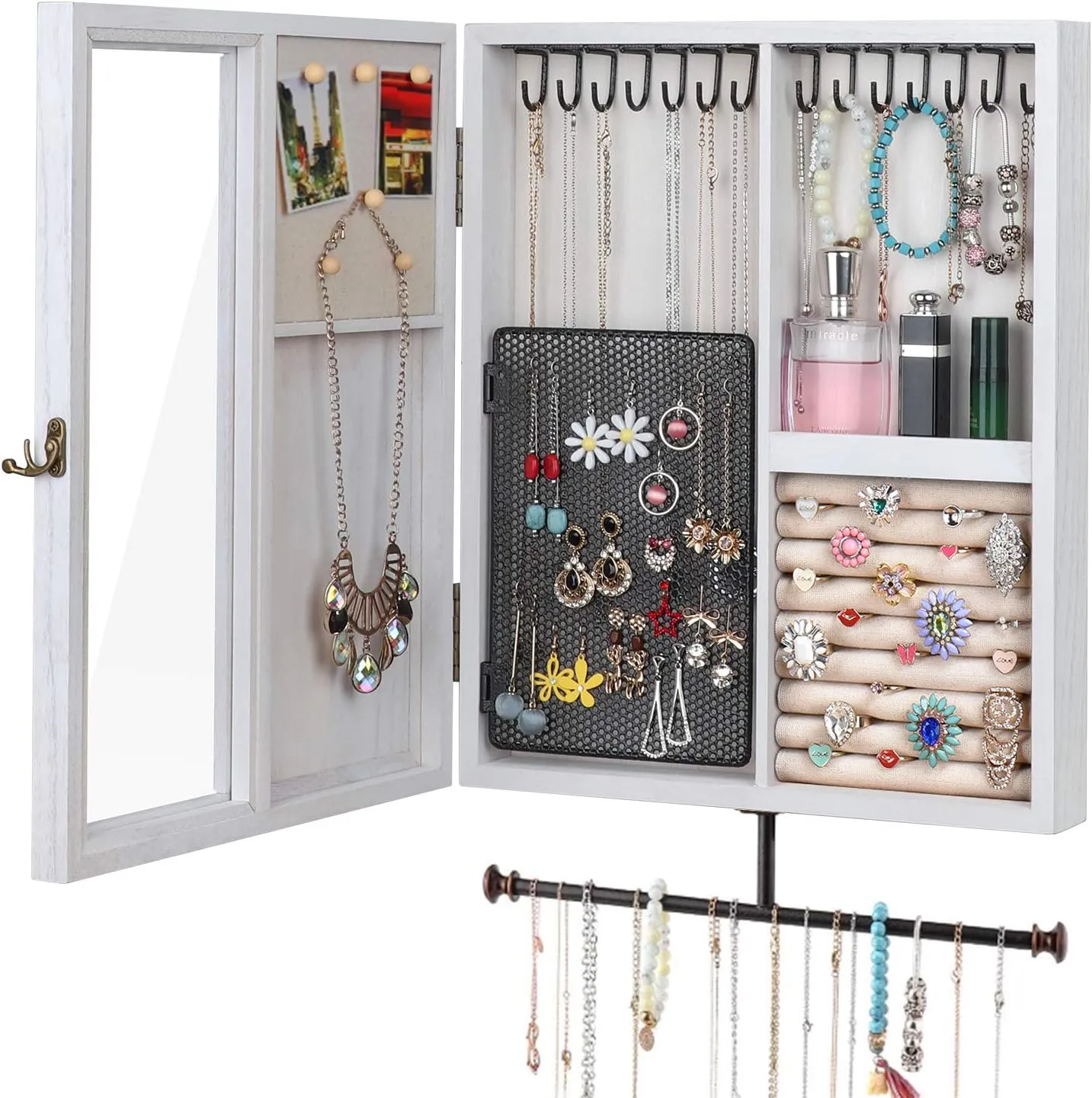 Keebofly Wall Mounted Jewelry Organizer With Rustic Wood Large Space Jewelry Cabinet, Holder, Storage Box for Necklaces, Earrings, Bracelets, Ring Holder, and Accessories White