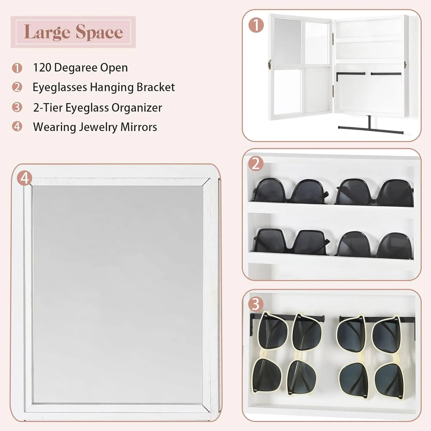 Keebofly Wall Mounted Sunglass & Jewelry Organizer with Mirror - Rustic Wood Storage Cabinet for Necklaces, Earrings, Bracelets, Rings, Eyeglasses - Display Case with Large Space (White)