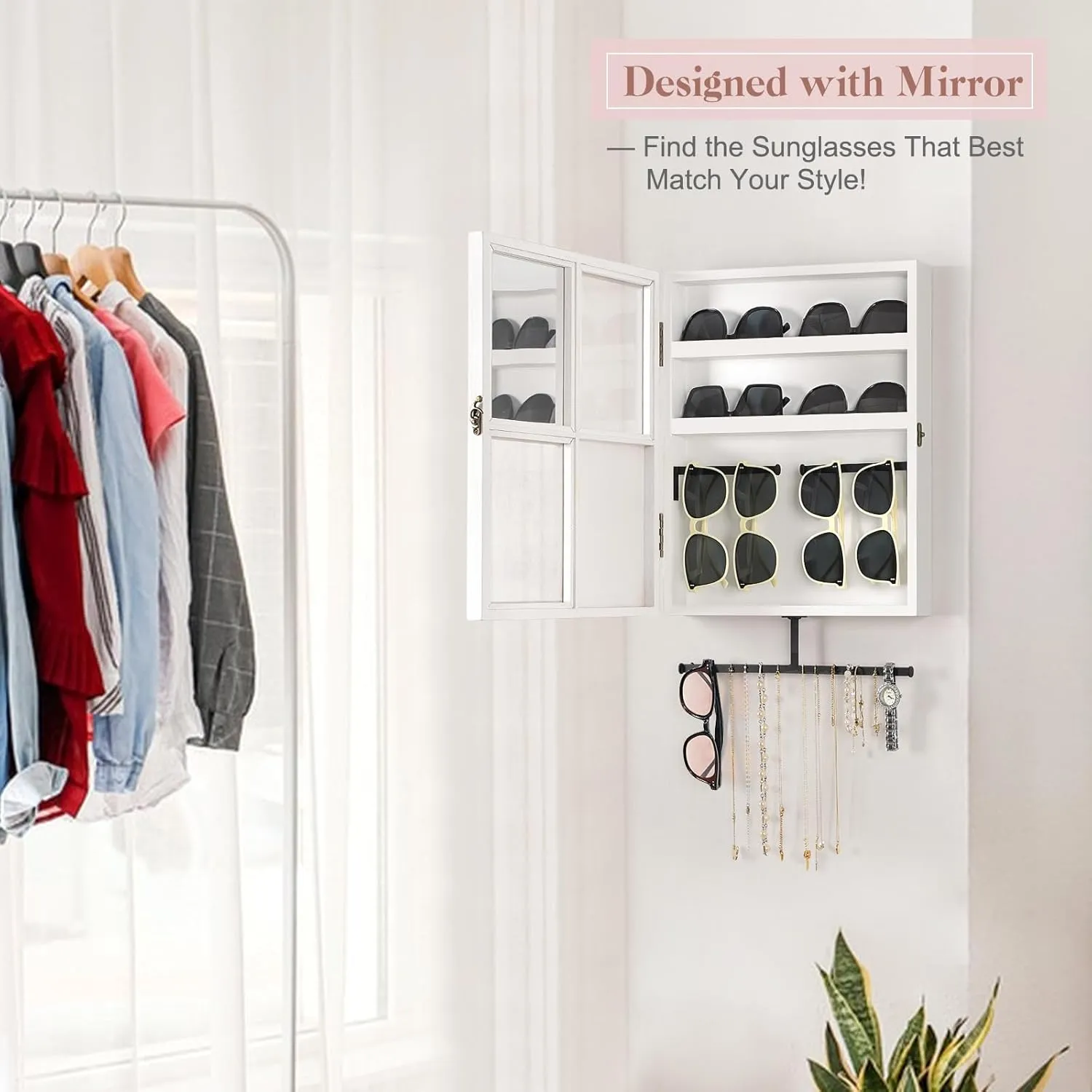 Keebofly Wall Mounted Sunglass & Jewelry Organizer with Mirror - Rustic Wood Storage Cabinet for Necklaces, Earrings, Bracelets, Rings, Eyeglasses - Display Case with Large Space (White)