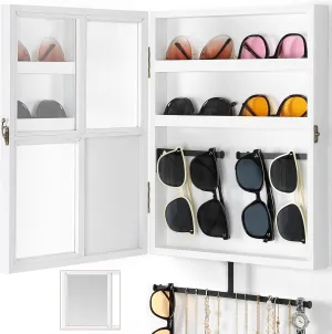 Keebofly Wall Mounted Sunglass & Jewelry Organizer with Mirror - Rustic Wood Storage Cabinet for Necklaces, Earrings, Bracelets, Rings, Eyeglasses - Display Case with Large Space (White)
